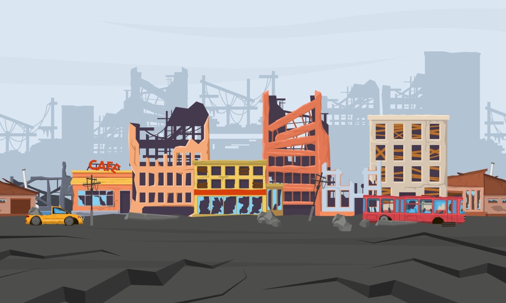 Graphic Image: Ruined abandoned broken natural disasters district panorama. Earthquake disaster destroyed houses and city buildings vector illustration. Cataclysm destroyed street view. Neglected property exterior.