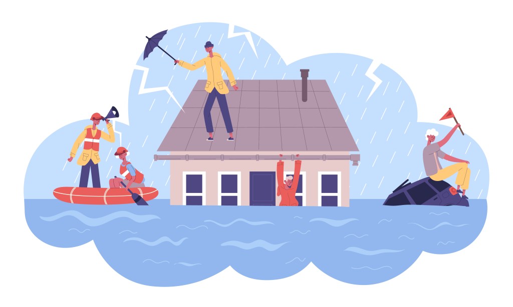 Graphic Image: Natural cataclysm disasters flood safeguard rescue boat service. Rescued saved people from flooded house vector illustration. Flood natural disaster rescuers. Water covering land, man on roof.