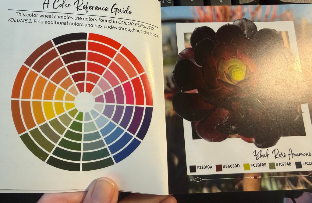 Color Reference Guide & Black Rose Anemone page from COLOR PERSISTS: Volume 1, by Sara Rose. ©2026